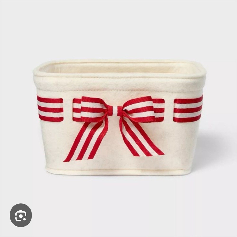 Holiday Basket Ivory Felt Red Stripe Bow Velvet Threshold Rectangle 10x8x6 New